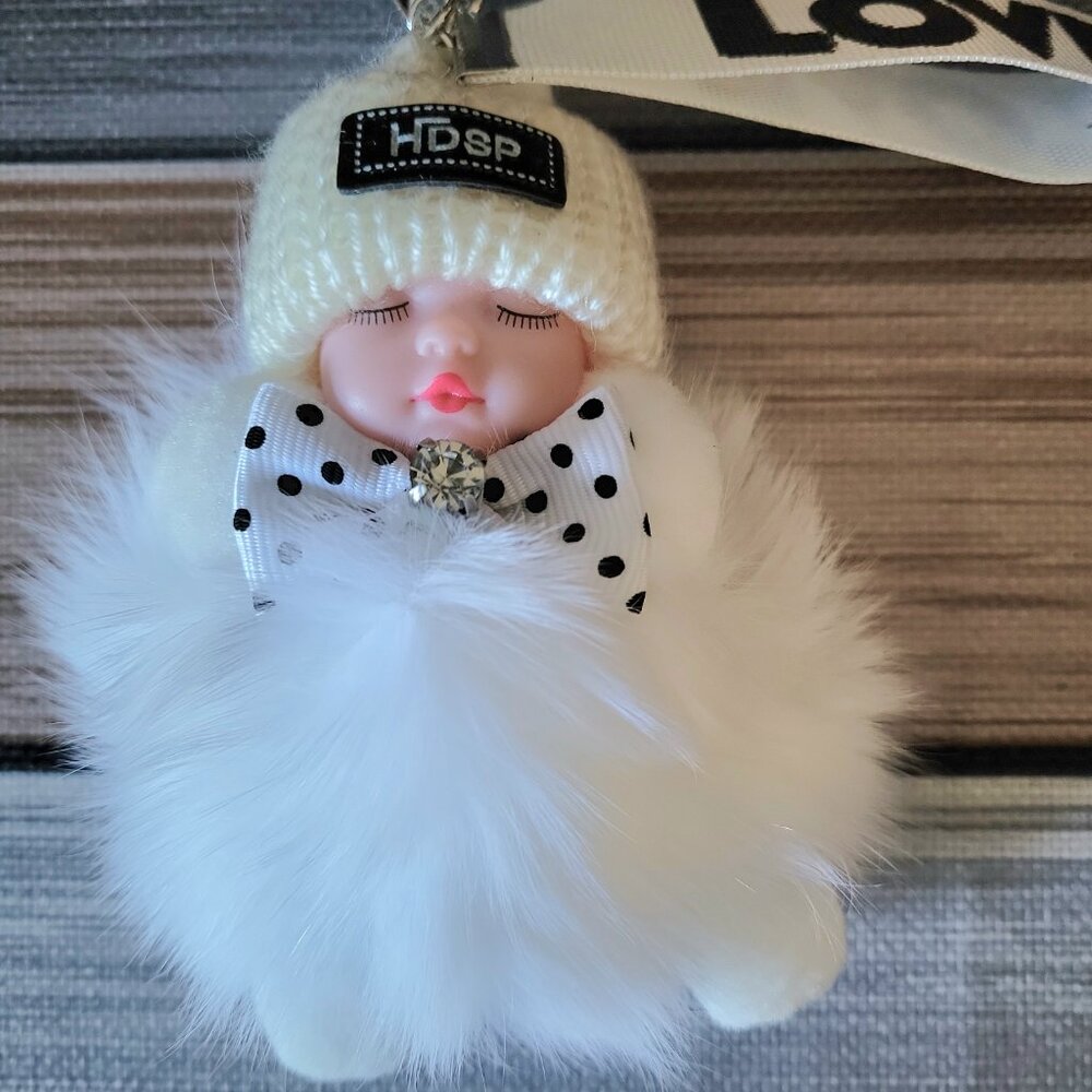 🔥Adorable Sleeping Baby Fluffy Fur White Pom Pom Charm Keychain Cute Gift - Picture 6 of 7